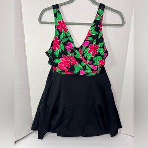 It Figures Black and Pink Floral One-Piece Skirted Swimsuit Size 16